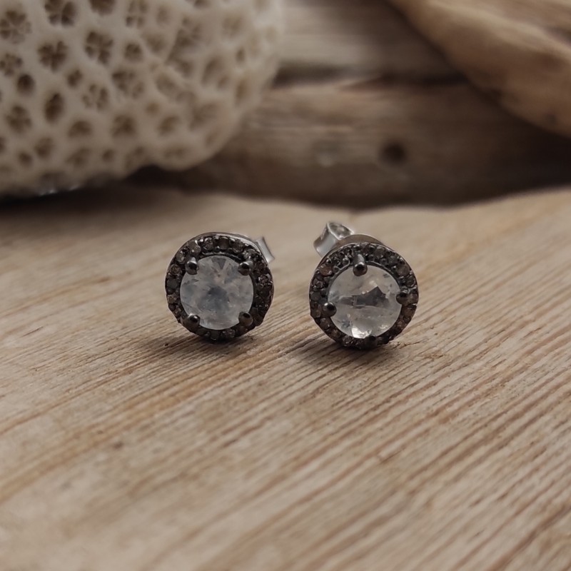 Silver earrings with natural stone surrounded by diamonds. Timeless and romantic style earrings. The perfect present! 