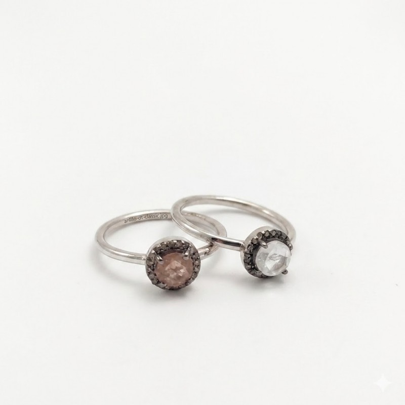 Silver ring with natural stone surrounded by diamonds. Timeless and romantic style ring. The perfect present!